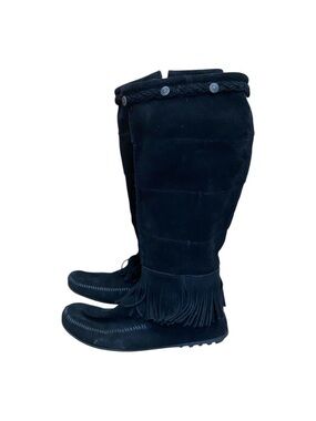 Minnetonka Womens Black Leather Suede Fringe Boots